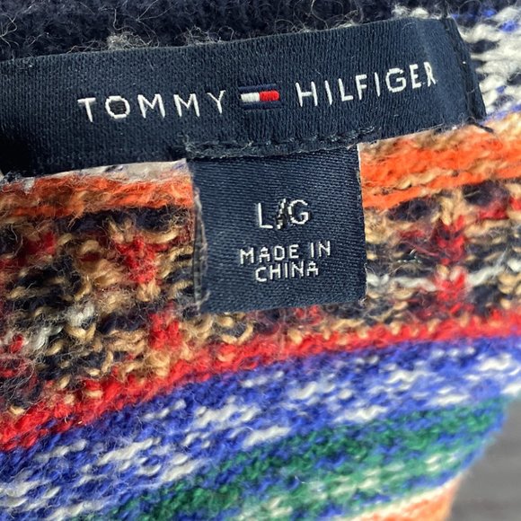 Tommy Hilfiger Large L Orange Navy Fair Isle Nordic Stripe Knit Pullover Sweater - Picture 3 of 4